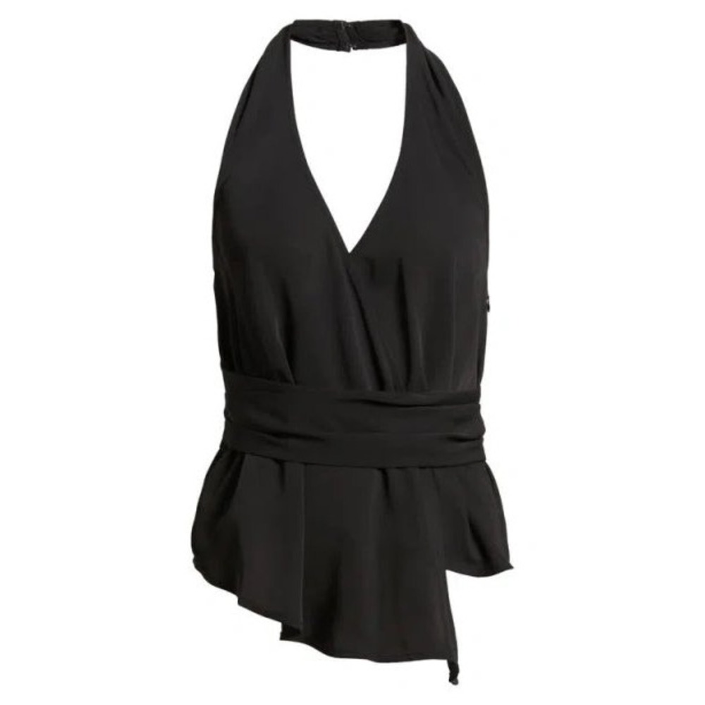 Open Edit Halter Top Women XS Black Excellent Asymmetric Peplum Wrap V-Neck